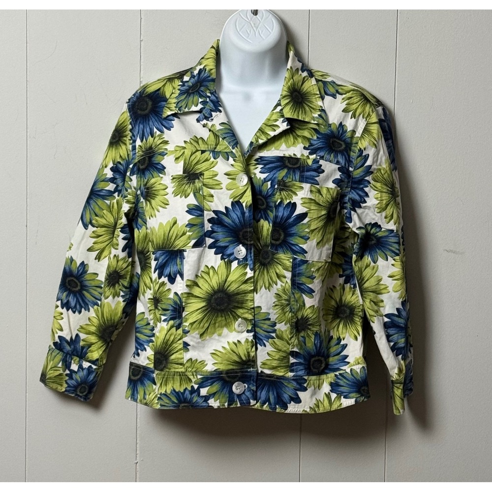 Jones New York Country Women's Blue Green Sunflower Floral Stretch Jacket Size S